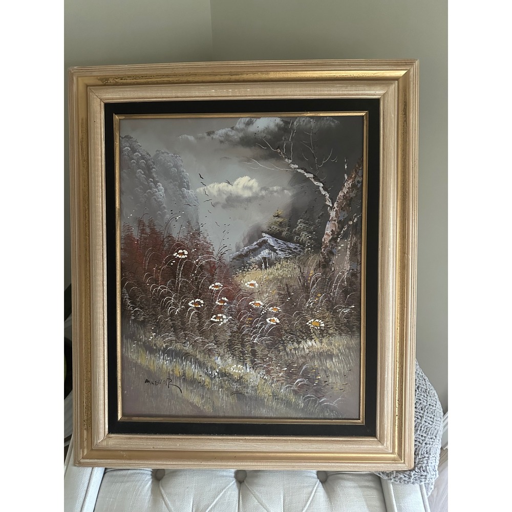 Milenor Signed Original Oil Painting Landscape Cabin Daisies Framed 23x27